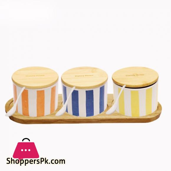 Danny Home Wood Lid Castor 3 Piece Jar Set with Tray and Spoon T04-94
