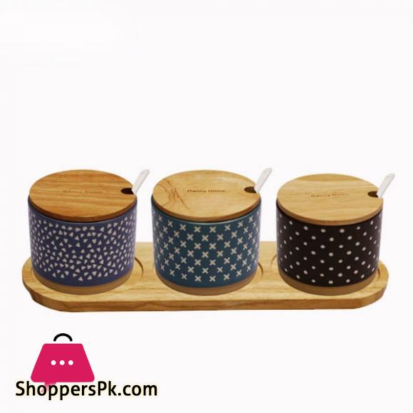 Danny Home Wood Lid PGG 3 Piece Jar Set with Tray and Spoon T04-04