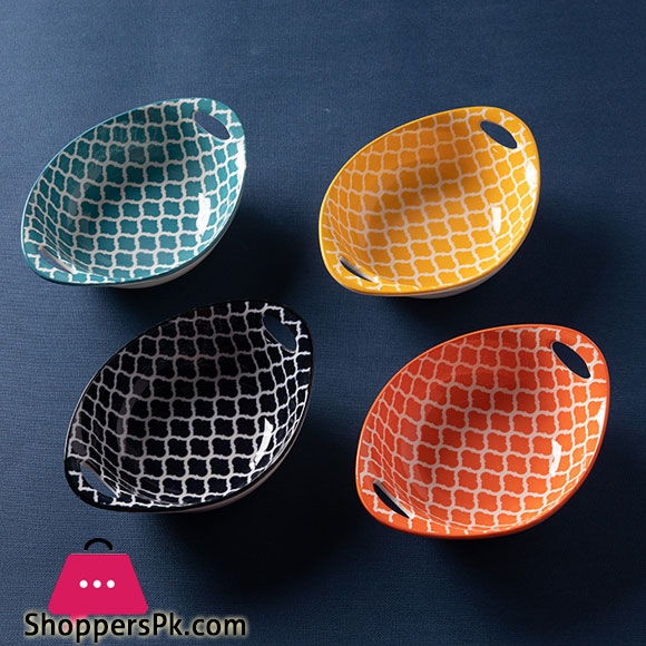 Ceramic Plate Printed Oval Double Ear Baking Tray Breakfast Salad Tray 9.5 Inch