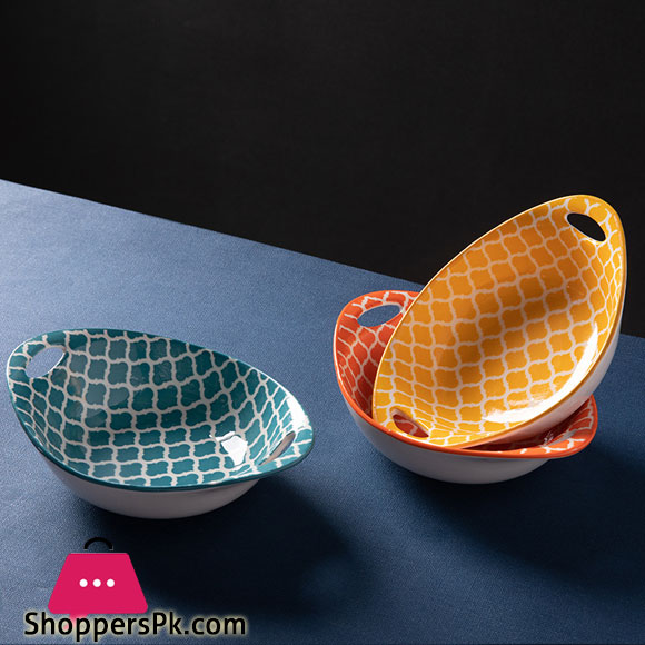 Ceramic Plate Printed Oval Double Ear Baking Tray Breakfast Salad Tray 9.5 Inch