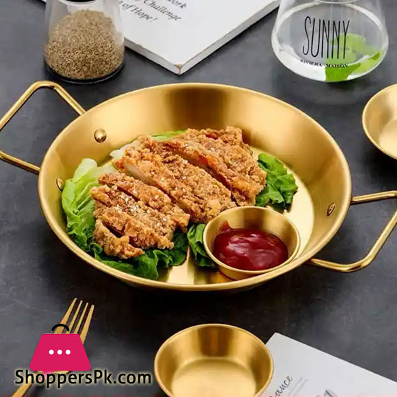 Stainless Steel Golden Serving Tray Round Spanish Seafood Cooking Pan with Two Handles Wok - 26cm