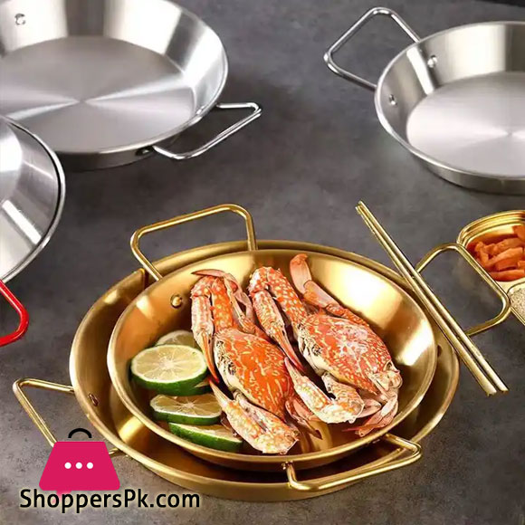 Stainless Steel Golden Serving Tray Round Spanish Seafood Cooking Pan with Two Handles Wok - 30cm