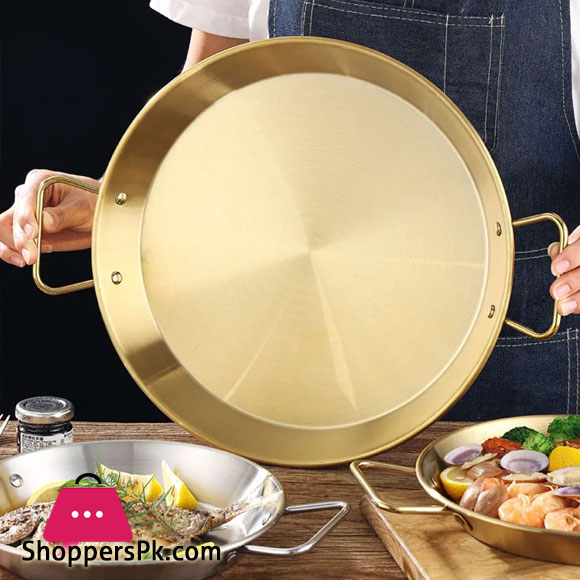 Stainless Steel Golden Serving Tray Round Spanish Seafood Cooking Pan with Two Handles Wok - 26cm