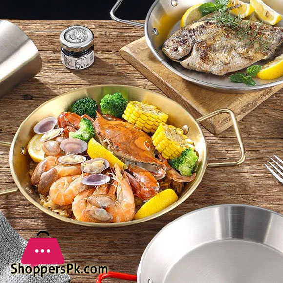 Stainless Steel Golden Serving Tray Round Spanish Seafood Cooking Pan with Two Handles Wok - 26cm