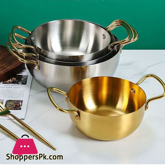 Stainless Steel Korean Style Ramen Pot Gold Double Handle Wok - 16cm
