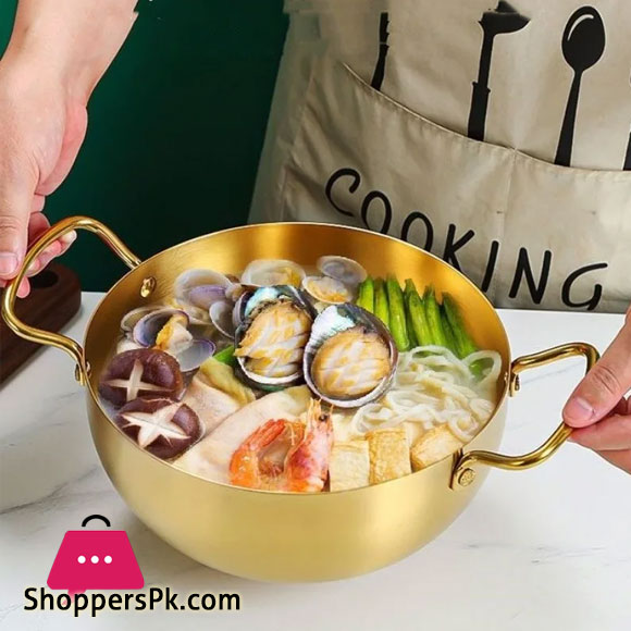 Stainless Steel Korean Style Ramen Pot Gold Double Handle Wok - 16cm