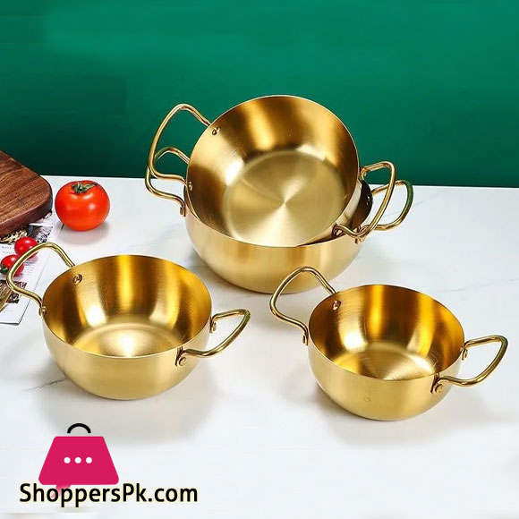 Stainless Steel Korean Style Ramen Pot Gold Double Handle Wok - 28cm