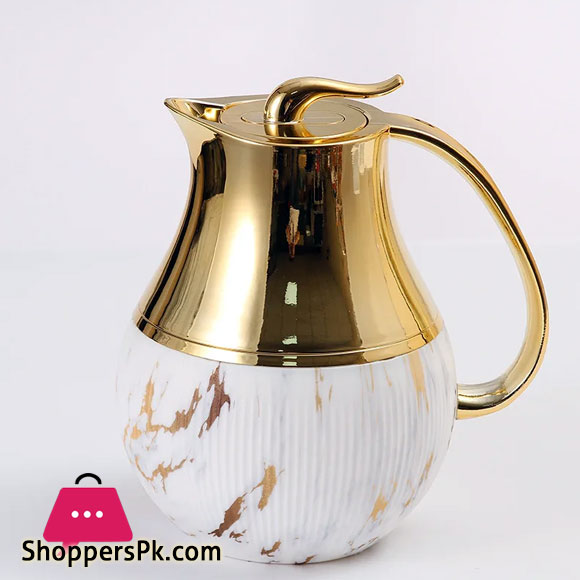 White Marble Pattern Belly Shaped Thermal Bottle 1 Liter