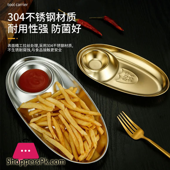 304 Stainless Steel Oval Snack Plate Dividing Korean Sauce Plate French Fries Dessert Egg Shaped Plate - 31x15x2.4cm