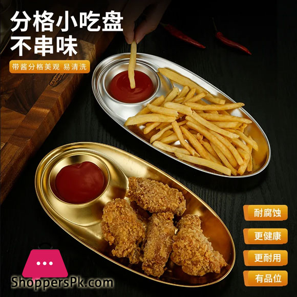 304 Stainless Steel Oval Snack Plate Dividing Korean Sauce Plate French Fries Dessert Egg Shaped Plate - 31x15x2.4cm