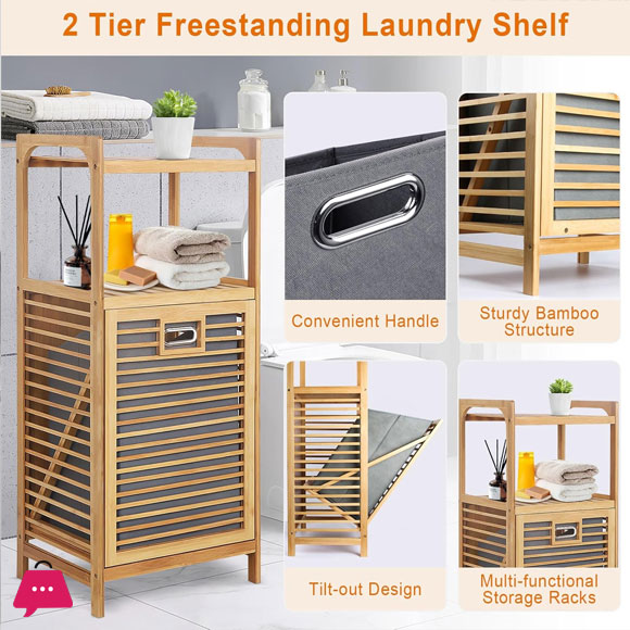 Bamboo 2-Tier Storage Rack Laundry Bsket Dirty Clothes Basket for Living Room Bedroom