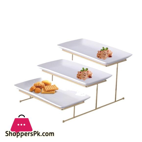 Brilliant 3 Tier Ceramic Rectangular Platter Gold Stand BR0266