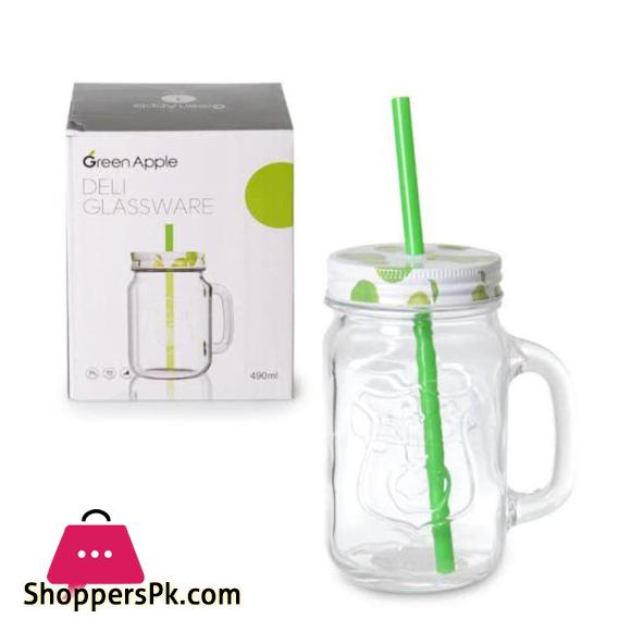 Heat Resistant Fruity Glass Mason Jar Mugs Fruit Juice Cups with Lid and Straw For Milk, Milkshakes Juices 490 ml