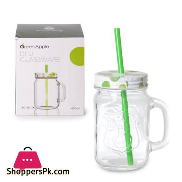 Heat Resistant Fruity Glass Mason Jar Mugs Fruit Juice Cups with Lid and Straw For Milk, Milkshakes Juices 490 ml