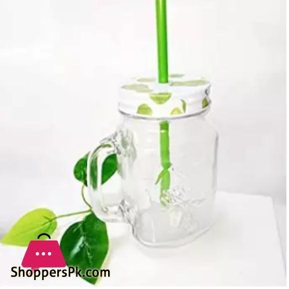Heat Resistant Fruity Glass Mason Jar Mugs Fruit Juice Cups with Lid and Straw For Milk, Milkshakes Juices 490 ml