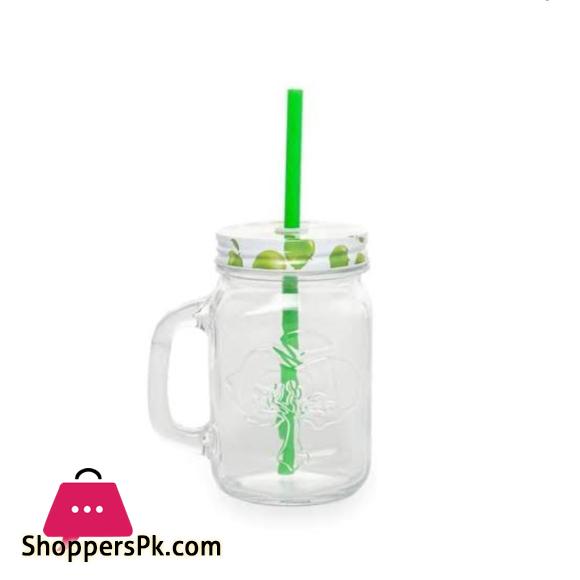 Heat Resistant Fruity Glass Mason Jar Mugs Fruit Juice Cups with Lid and Straw For Milk, Milkshakes Juices 490 ml