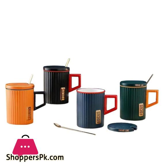 Nordic Ceramic Strip Cup with Lid Spoon MG-205 1-Pc