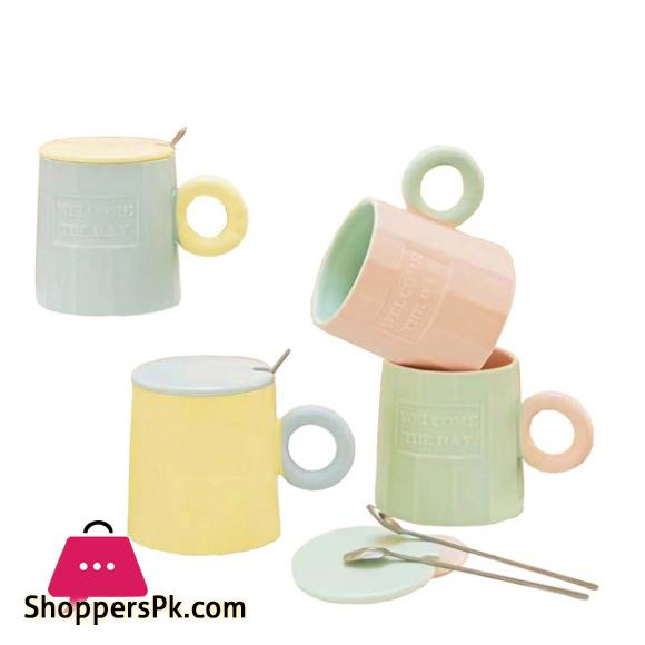 Sugar Coated Color Contrast Ceramic Covered Mug With Spoon