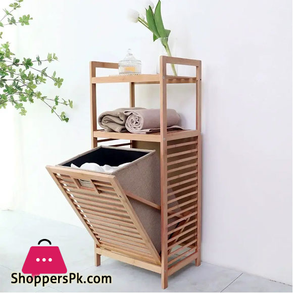 Bamboo 2-Tier Storage Rack Laundry Bsket Dirty Clothes Basket for Living Room Bedroom