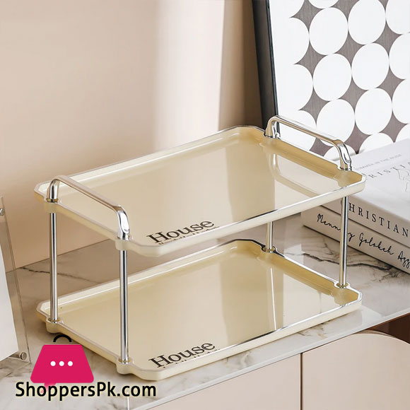 Beige Rectangular Luxury Style Storage Tray Dinner Plates Dessert Tray With Handle - 2 Layer
