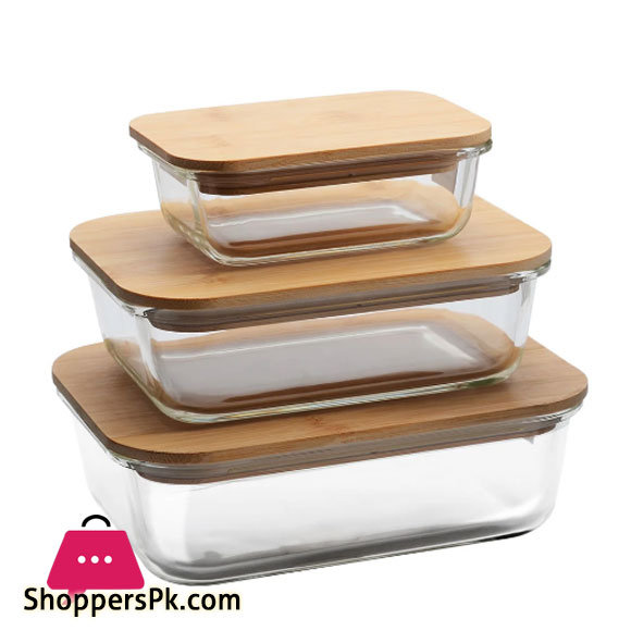 Glass Bowl Three Rectangular Shape High Borosilicate Glass Storage Box with Bamboo Lid – BG45035