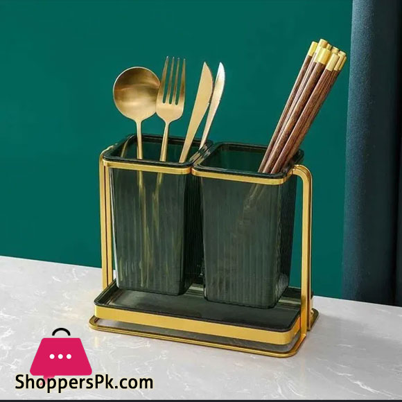 Stainless Steel ABS plastic Green + Gold Spoon and Fork Cutlery Holder 20.5x11x17 cm