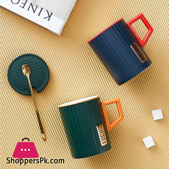 Nordic Ceramic Strip Cup with Lid Spoon MG-205 1-Pc