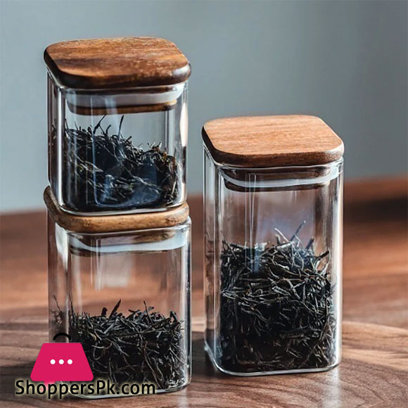 Square Wooden Lid Glass Storage Jar Candy Snacks Coffee Beans Sealed Storage Jar - 150ML