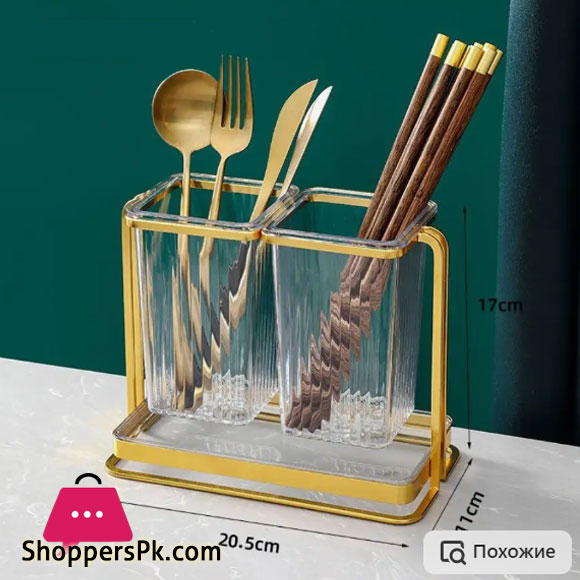 Stainless Steel ABS plastic Clear + Gold Spoon and Fork Cutlery Holder 20.5x11x17 cm