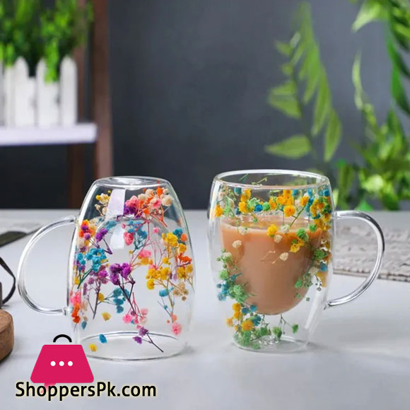 1 Piece Creative Double Wall Glass Mug Cup with Dry Flower Fillings for Coffee Juice Milk cup 350ML