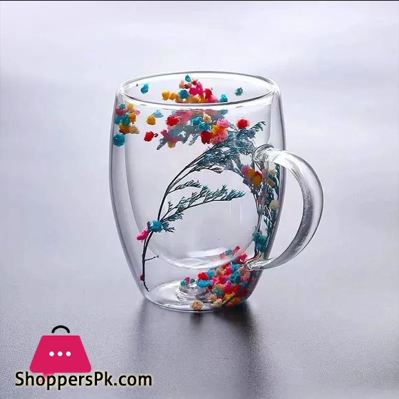 1 Piece Creative Double Wall Glass Mug Cup with Dry Flower Fillings for Coffee Juice Milk cup 350ML