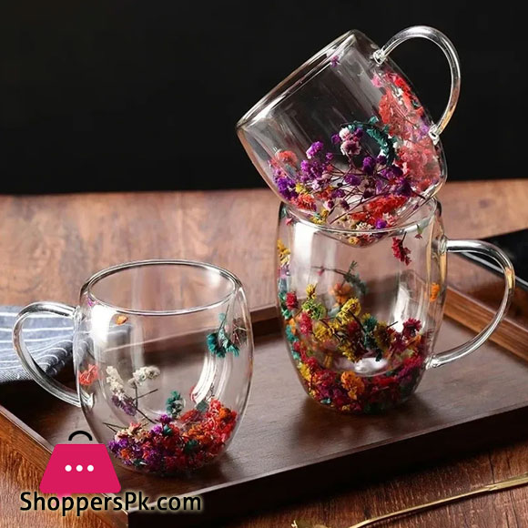 1 Piece Creative Double Wall Glass Mug Cup with Dry Flower Fillings for Coffee Juice Milk cup 350ML