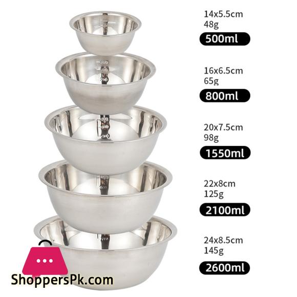 5Pcs Large Stainless Steel Bowl Mixing Bowl Basin With Scale Kitchen Camping BBQ Whisking Salad Cooking Baking Bowls Set
