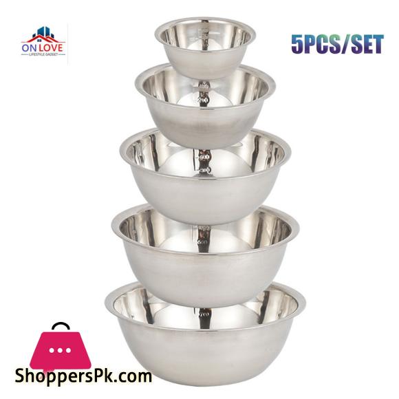5Pcs Large Stainless Steel Bowl Mixing Bowl Basin With Scale Kitchen Camping BBQ Whisking Salad Cooking Baking Bowls Set