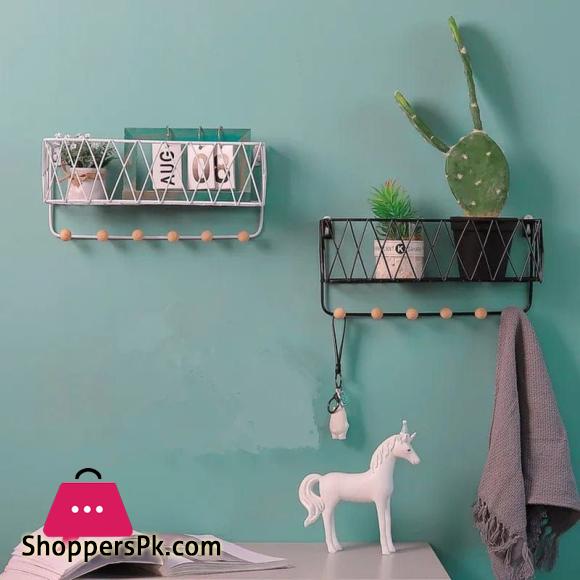 Criss Cross Wall Mounted Metal Wire Storage Shelf with Wood Key Hooks