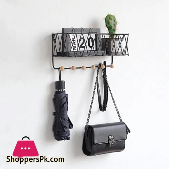 Criss Cross Wall Mounted Metal Wire Storage Shelf with Wood Key Hooks