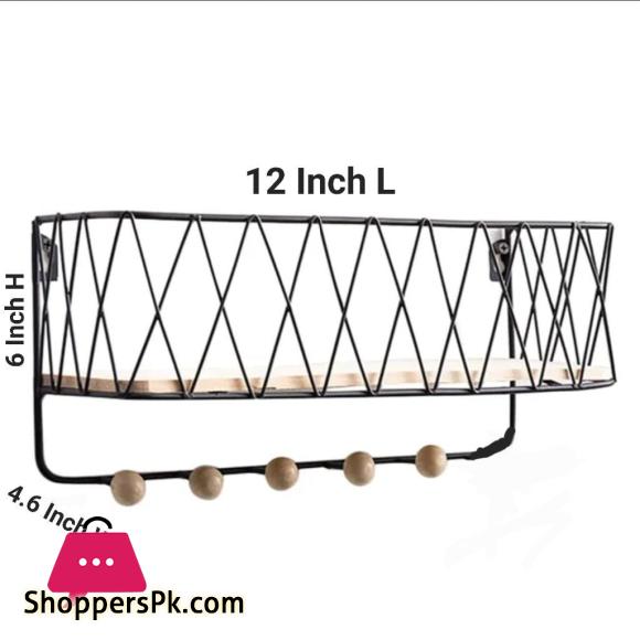 Criss Cross Wall Mounted Metal Wire Storage Shelf with Wood Key Hooks