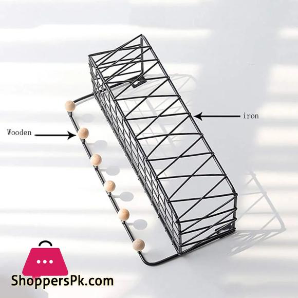 Criss Cross Wall Mounted Metal Wire Storage Shelf with Wood Key Hooks