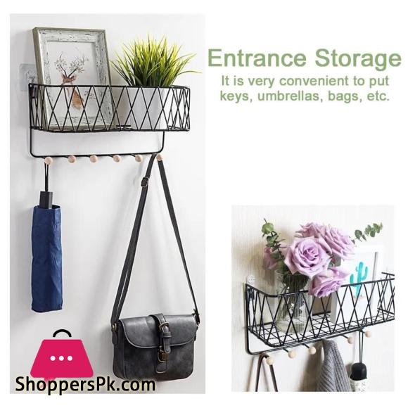 Criss Cross Wall Mounted Metal Wire Storage Shelf with Wood Key Hooks