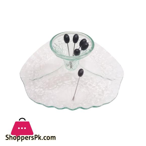 Floral Design 3 Partition Glass Serving Plate With Fruit Pick SD-037