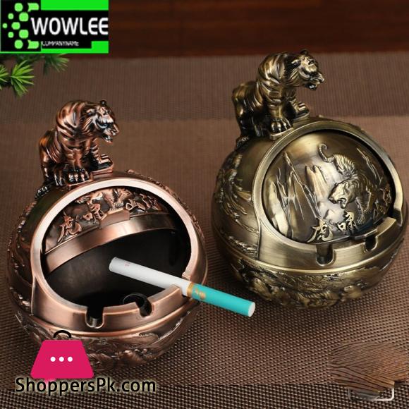 Vintage Tiger Decorative Windproof Ashtray with Lid Metal Decorative Tray