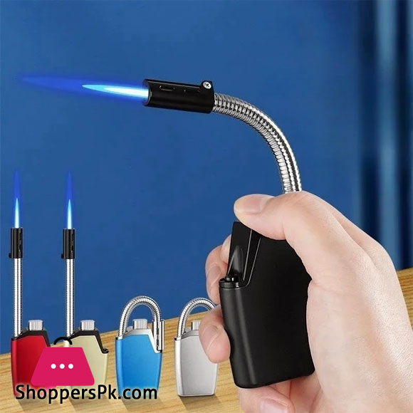 Metal Folding Hose Blue Flame Lighter Outdoor Windproof Portable Inflatable Flame Thrower Kitchen Barbecue Welding Gun Cigar Lighter
