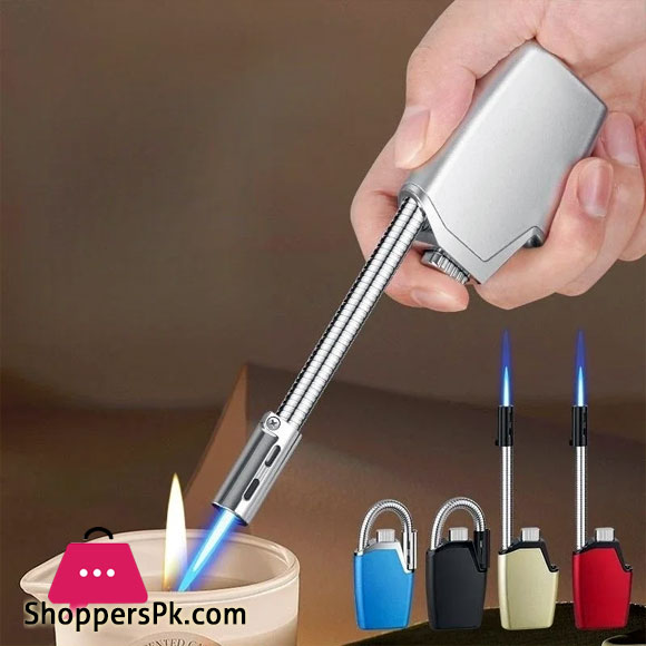 Metal Folding Hose Blue Flame Lighter Outdoor Windproof Portable Inflatable Flame Thrower Kitchen Barbecue Welding Gun Cigar Lighter