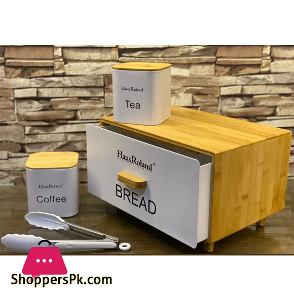 Hausroland New Stylish Color Coated Metal Bread Box Tea Coffee Sugar Bucket Set of 4 with Bamboo Lid