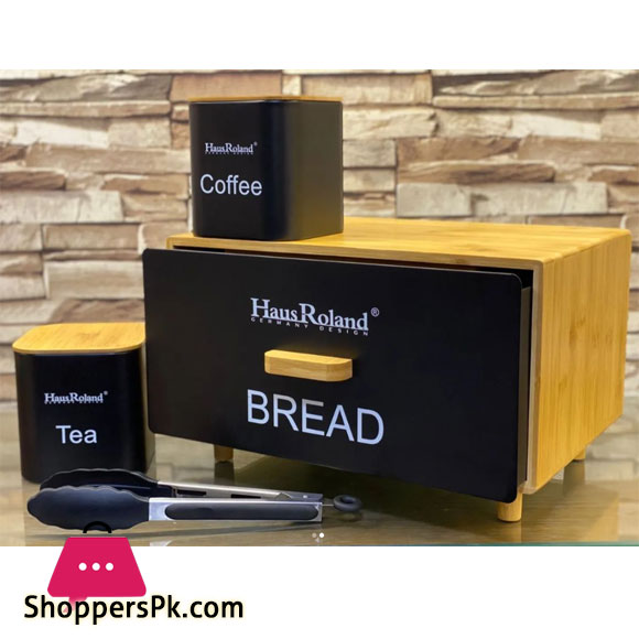 Hausroland New Stylish Color Coated Metal Bread Box Tea Coffee Sugar Bucket Set of 4 with Bamboo Lid