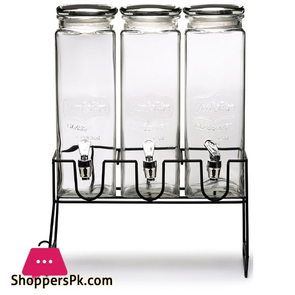 Triple Beverage Drink Dispensers Lids and Black Metal Stand 3 x 2.5L