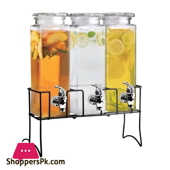 Triple Beverage Drink Dispensers Lids and Black Metal Stand 3 x 2.5L
