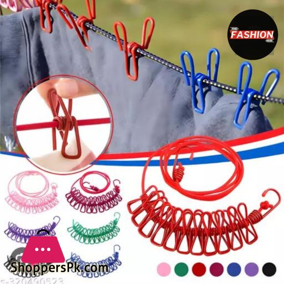 1Pcs Clothesline Rope Elastic Cloth Drying Hanging Rope with 12 Clips and 2 Hooks Travel Clothesline Hanging Laundry Drying Rope | 1pcs (Random Colour)