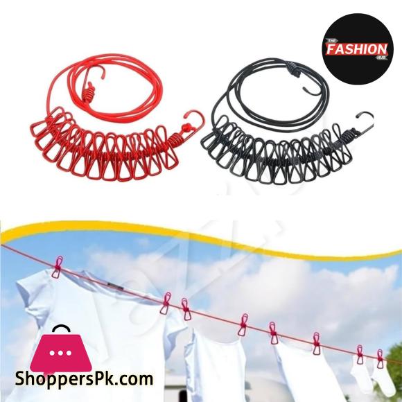 1Pcs Clothesline Rope Elastic Cloth Drying Hanging Rope with 12 Clips and 2 Hooks Travel Clothesline Hanging Laundry Drying Rope | 1pcs (Random Colour)