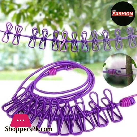 1Pcs Clothesline Rope Elastic Cloth Drying Hanging Rope with 12 Clips and 2 Hooks Travel Clothesline Hanging Laundry Drying Rope | 1pcs (Random Colour)